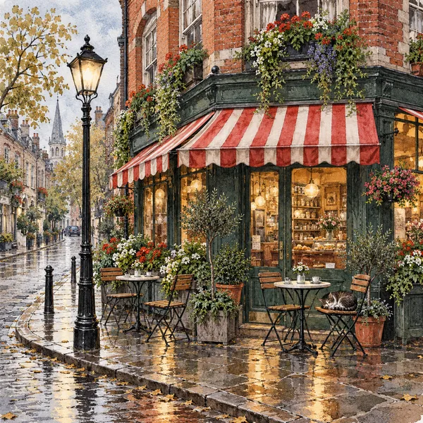 Detailed watercolor illustration of a street corner cafe with striped awnings