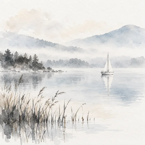 Ink wash watercolor of a sailboat on a misty lake with reeds