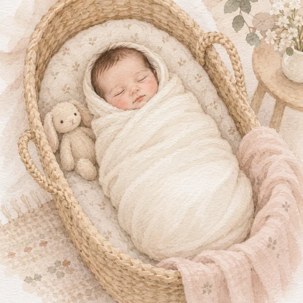 Soft wash watercolor painting of a sleeping newborn in a woven basket