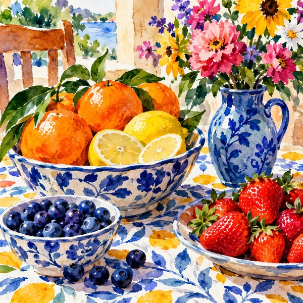 Vibrant watercolor still life of oranges, berries, and flowers in painted bowls