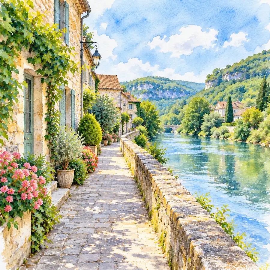Drag to compare the riverside village photo and the watercolor landscape (after)