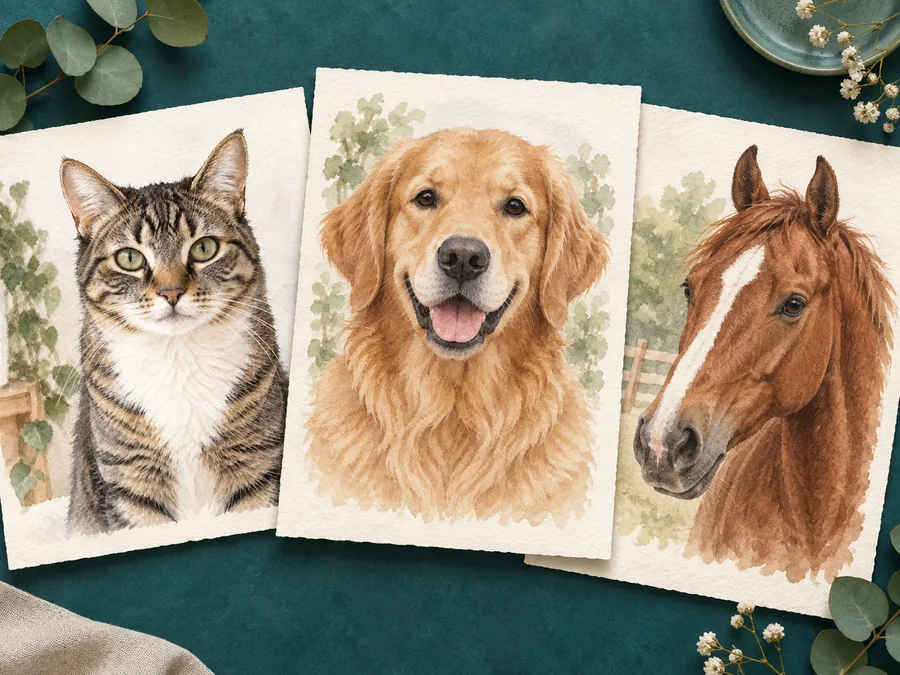 Three watercolor pet portraits of a cat, a golden retriever, and a horse on loose paper