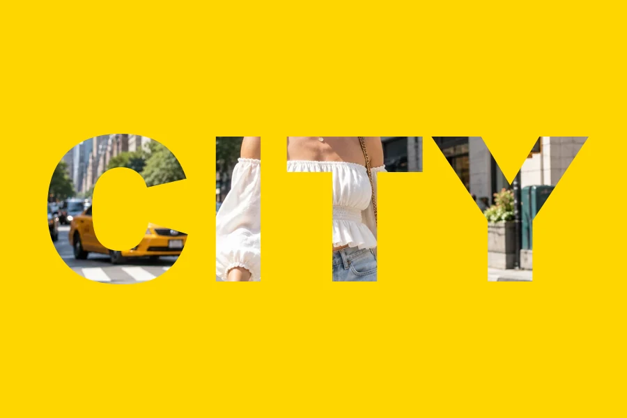 The word CITY filled with a city street photo on a yellow background