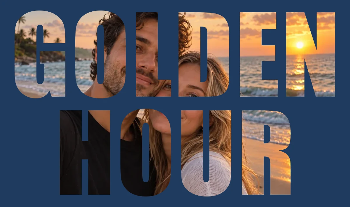 The words GOLDEN HOUR on two lines filled with a sunset beach selfie on a navy background