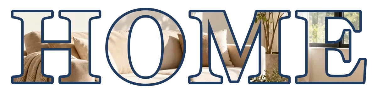 HOME lettering filled with a living room photo with a navy outline on a transparent background