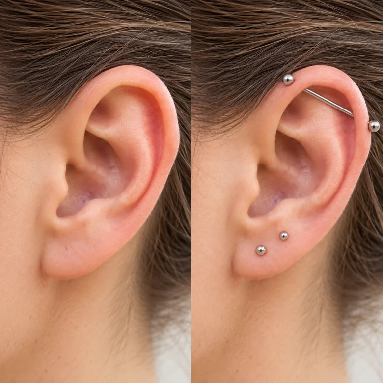 A bare ear and the same ear with an industrial bar and lobe stud added