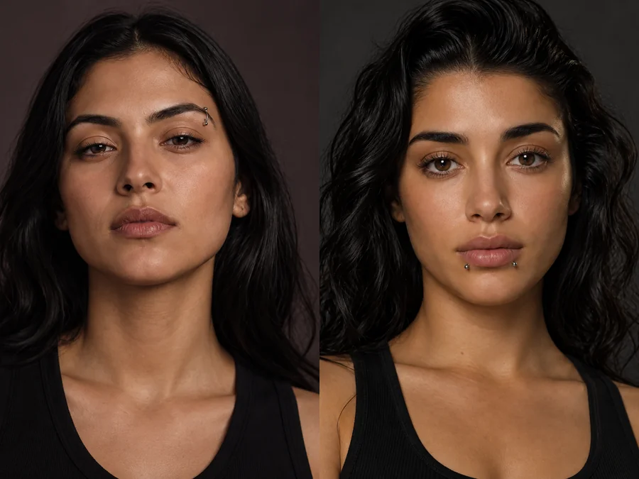 Two portraits side by side: a woman with an eyebrow ring and a woman with snake bite lip piercings