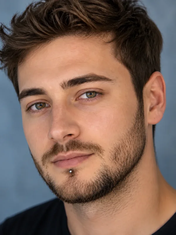 Portrait of a bearded man with a small labret stud