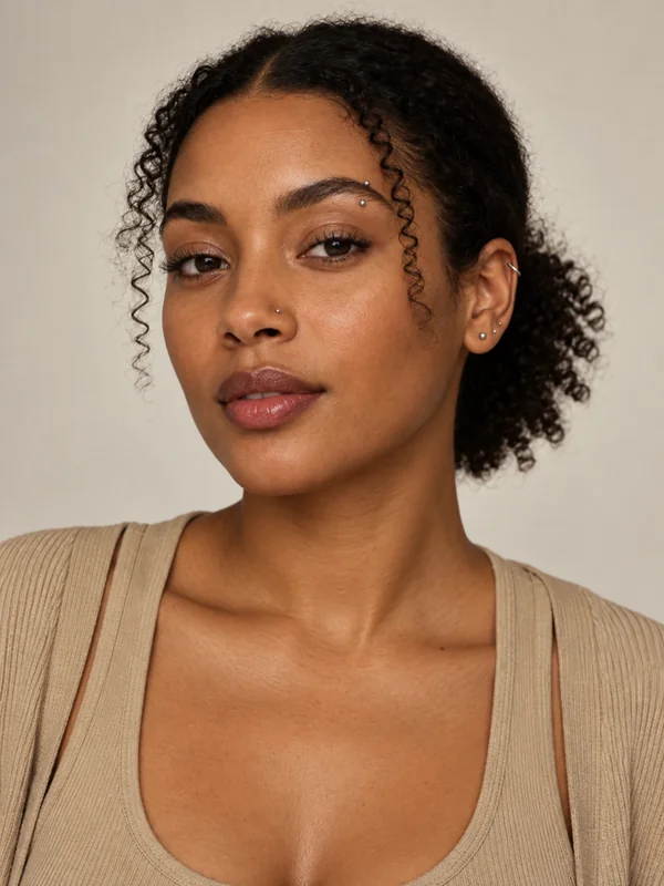 Portrait of a woman with several small face and ear piercings