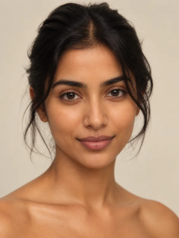Portrait of a woman with thin gold nose hoops