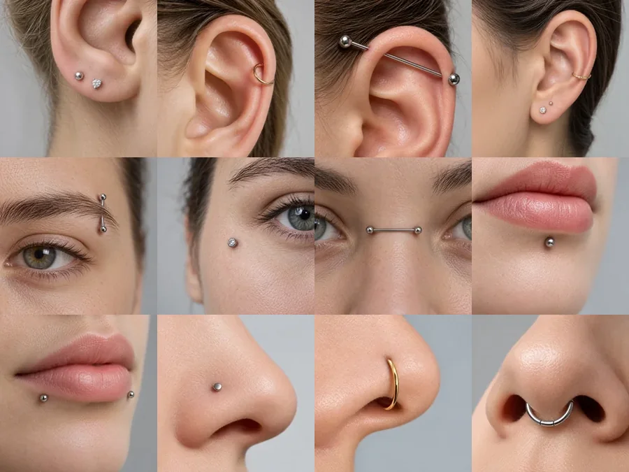 Grid of twelve piercing placements on ears, eyebrows, lips, and noses