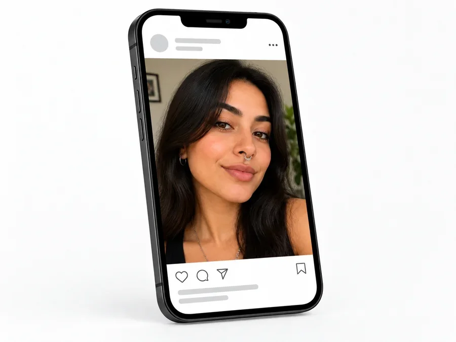 Phone showing a piercing selfie posted on social media