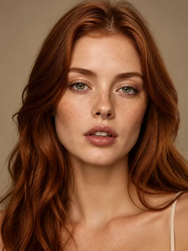 Portrait of a red-haired woman with a septum ring