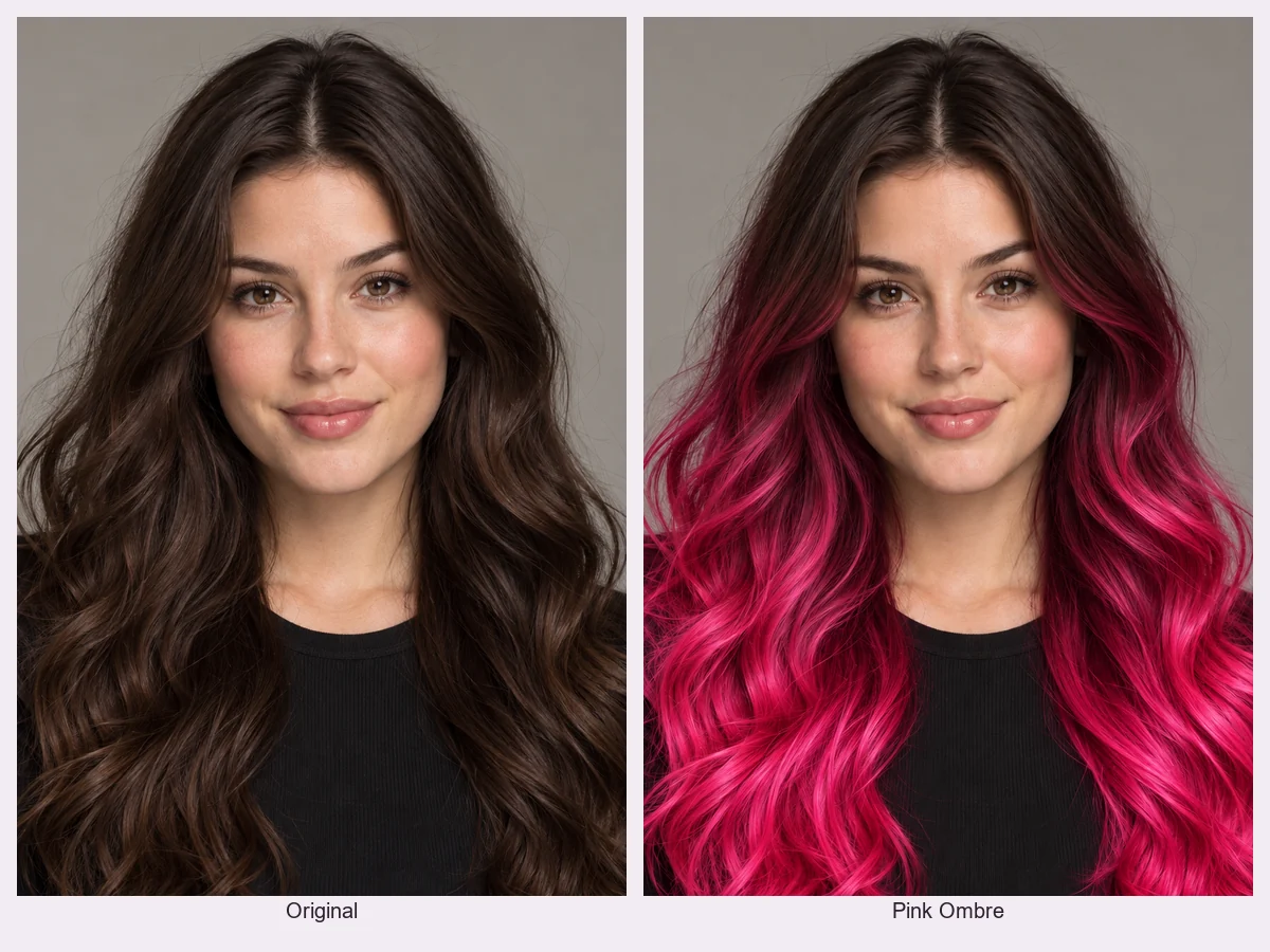 A woman with long black hair shown again with a pink ombré from dark roots to pink ends