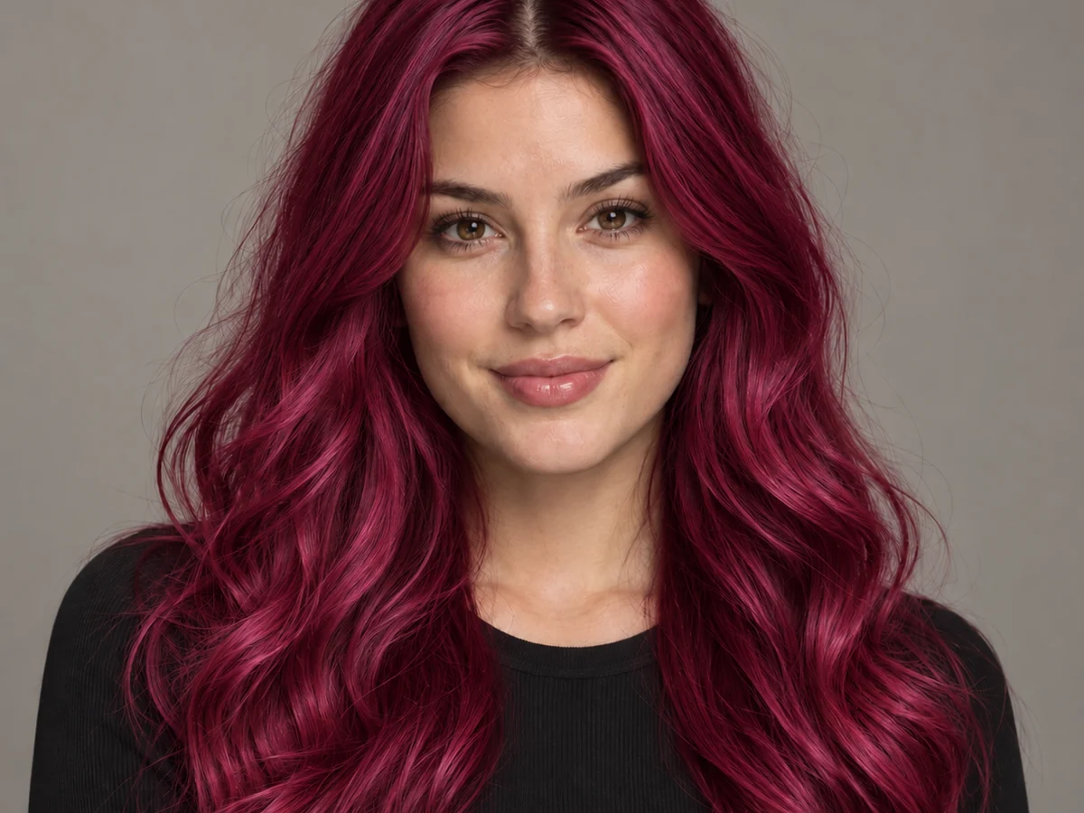 Drag to compare dark brown waves with the same photo in deep berry pink (after)