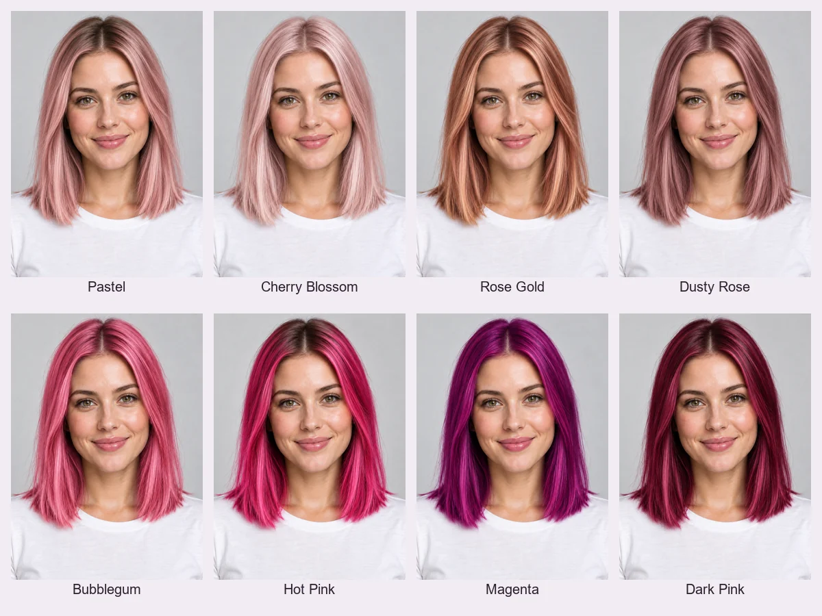 One woman shown in eight pink hair colors, from pastel to dark pink