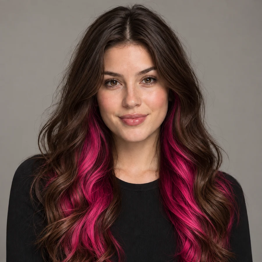 Drag to compare long brown hair with the same hair after adding a pink peekaboo layer (after)