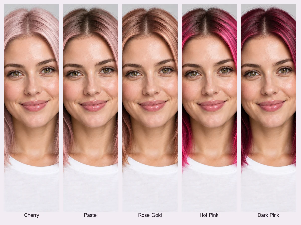 Five photos of one woman fanned out, each with a different pink hair shade