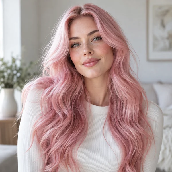 Woman with long, loose waves in a pale baby pink