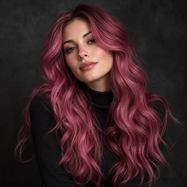 Woman with deep berry pink waves on a dark background