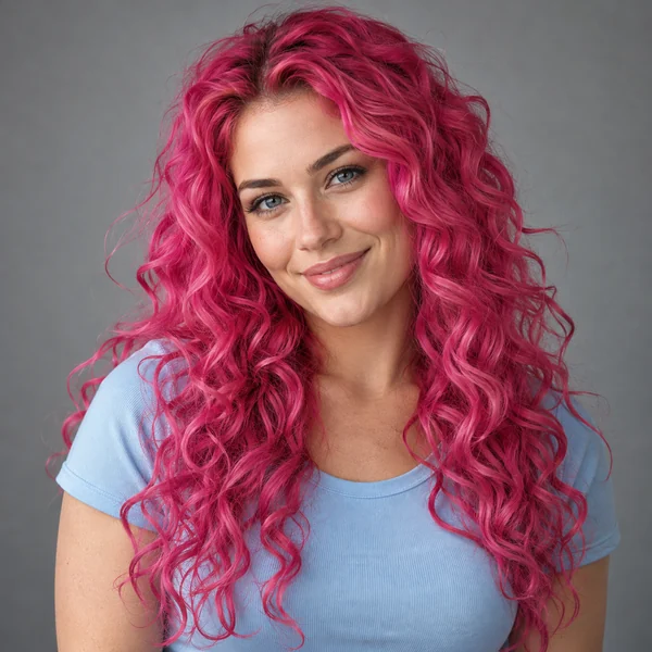 Woman with long, defined curls in hot pink
