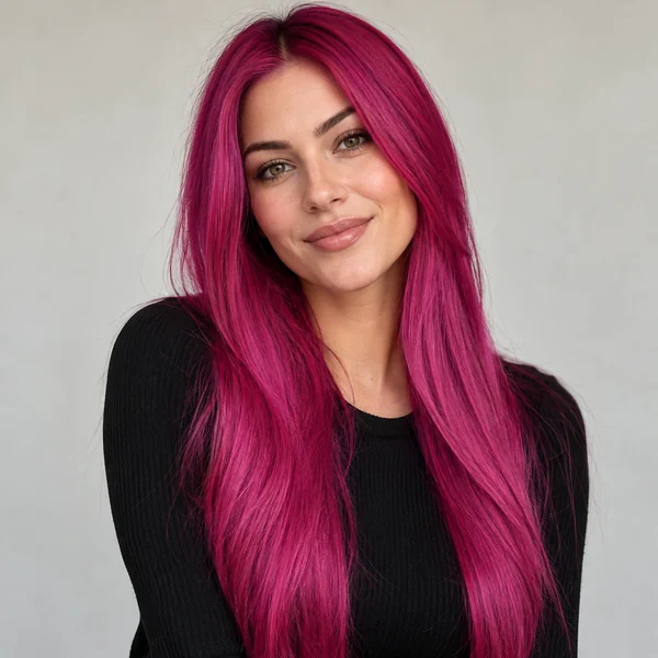 Smiling woman with long, sleek magenta hair