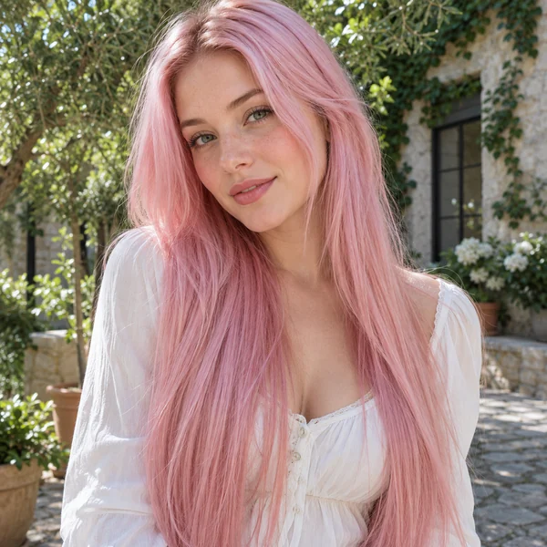 Woman with long, straight pastel pink hair outdoors