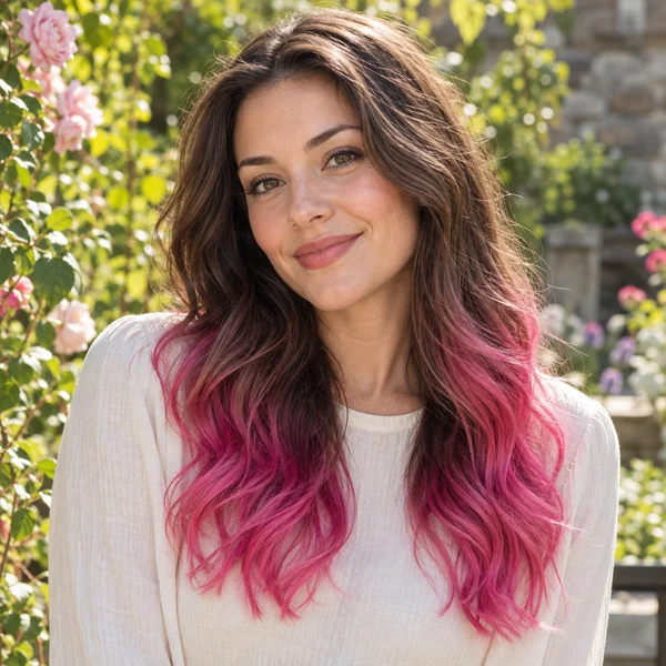 Long brown hair with bright pink dip-dyed ends