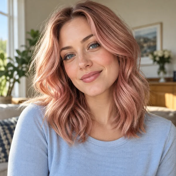 Woman with shoulder-length layers in rose gold pink