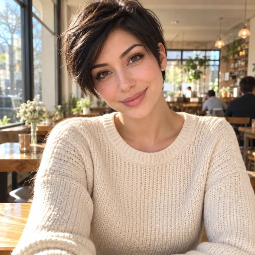 Drag to compare long straight hair with the same woman wearing a textured pixie cut (after)