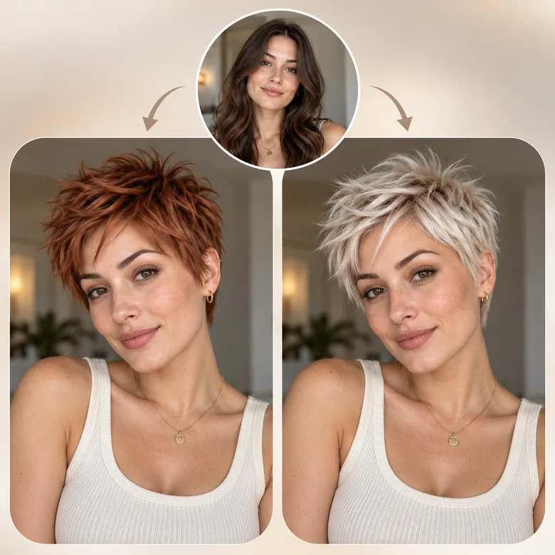 A smiling woman with long brown hair shown with a spiky copper pixie and a spiky platinum pixie