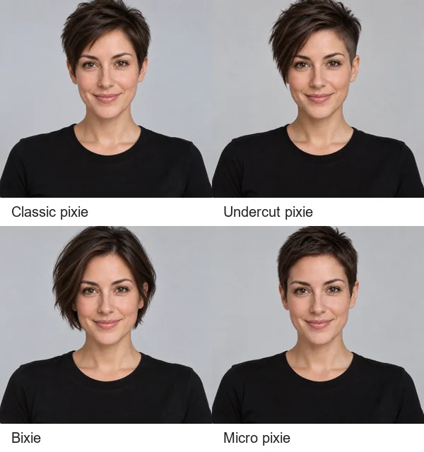 One woman shown with a classic pixie, an undercut pixie, a bixie, and a micro pixie