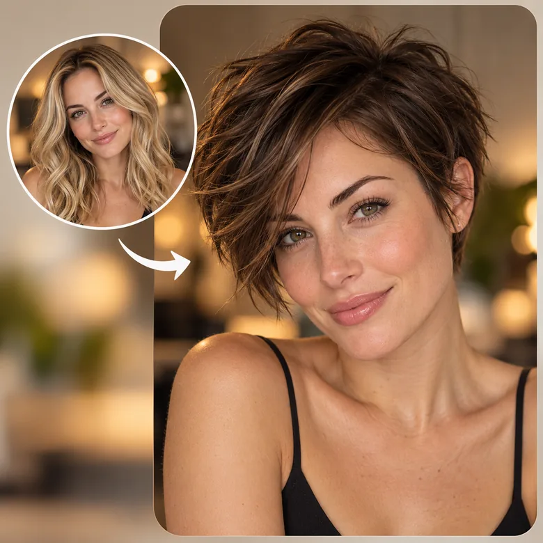A woman with long blonde waves shown again with a tousled brunette long pixie