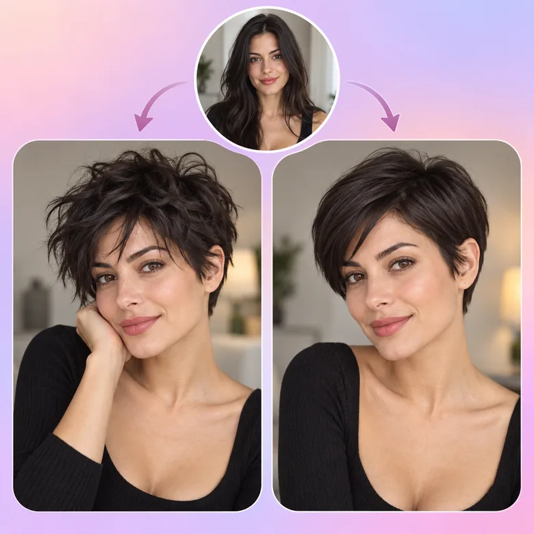 A woman with long hair shown again with a messy textured pixie and a short dark pixie cut