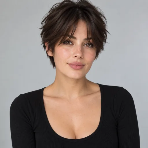 Drag to compare a long shaggy cut with the same woman wearing a pixie with wispy bangs (after)
