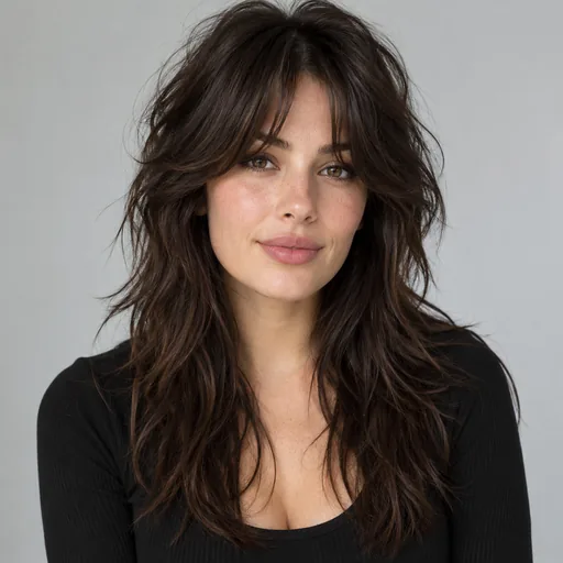 Drag to compare a long shaggy cut with the same woman wearing a pixie with wispy bangs (before)
