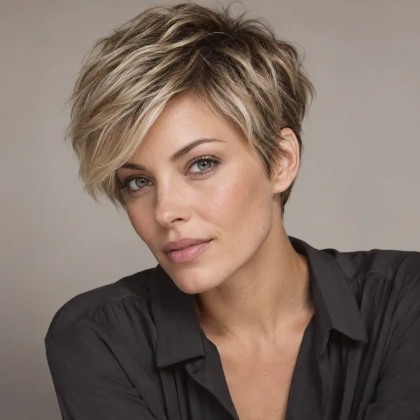 Woman with a textured ash blonde pixie cut and dark roots