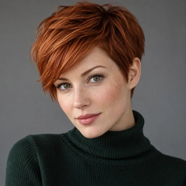 Woman with a short copper red pixie cut and a dark green sweater