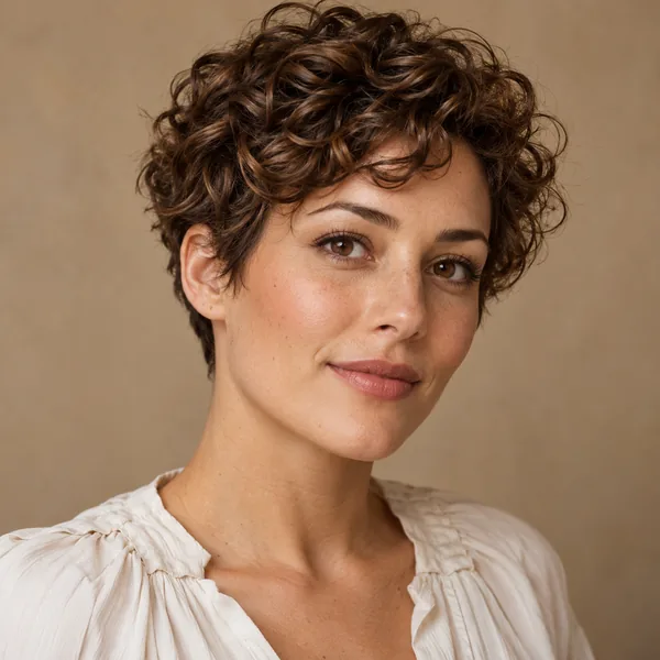 Woman with a short curly brown pixie cut