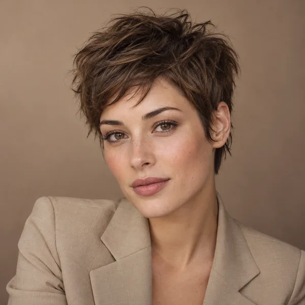 Woman with a messy, tousled brown pixie cut and a beige blazer