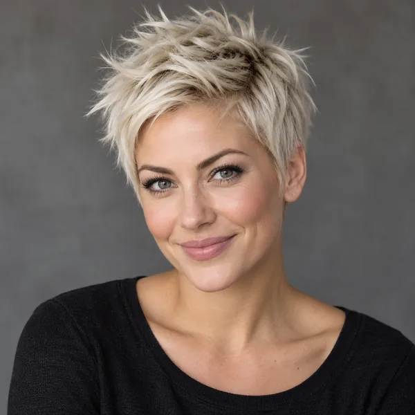 Smiling woman with a spiky platinum white pixie cut