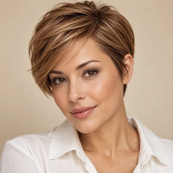 Woman with a sleek caramel pixie cut swept to one side