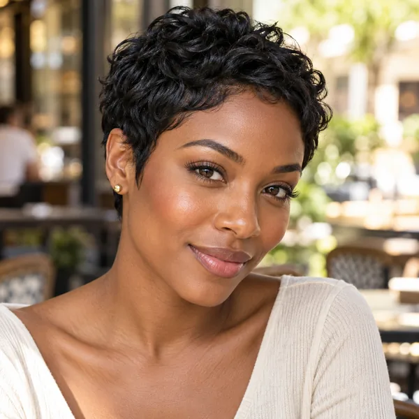 Woman in a cafe with a short, textured black pixie cut