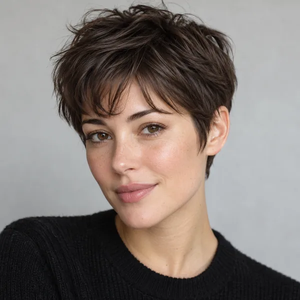 Woman with a dark brown pixie cut and soft wispy bangs