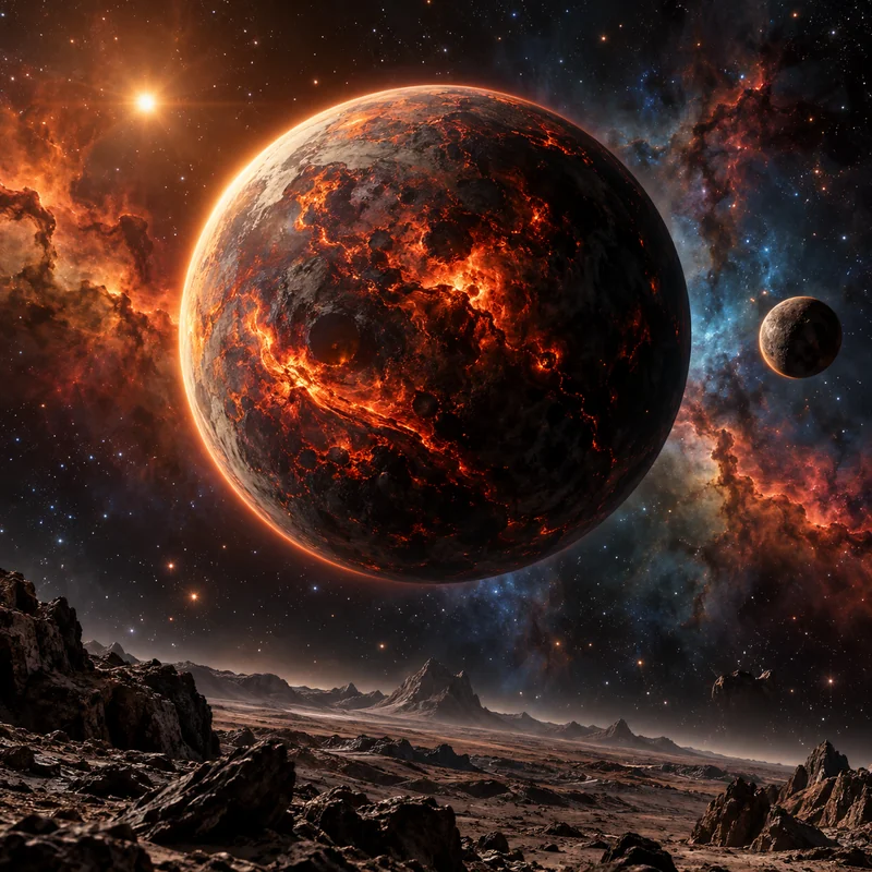 AI planet glowing orange and red inside a colorful nebula above a rocky alien horizon