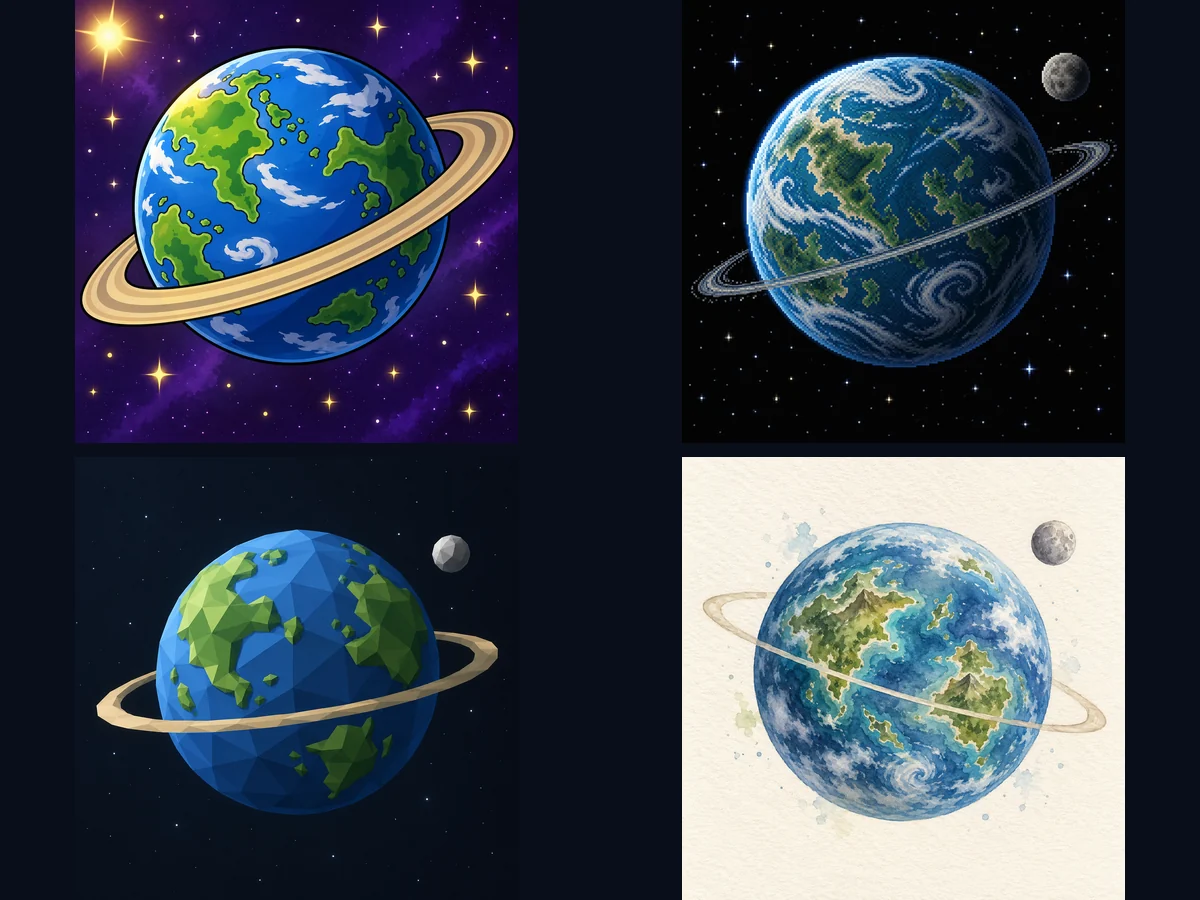 The same planet idea as a cartoon, pixel art, low-poly, and watercolor planet