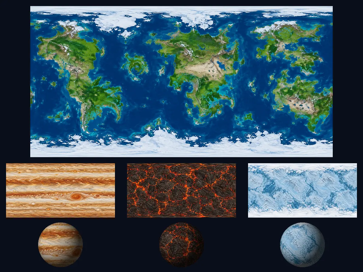 Flat planet texture maps: an Earth-like surface map, plus gas giant, lava, and ice maps wrapped on spheres