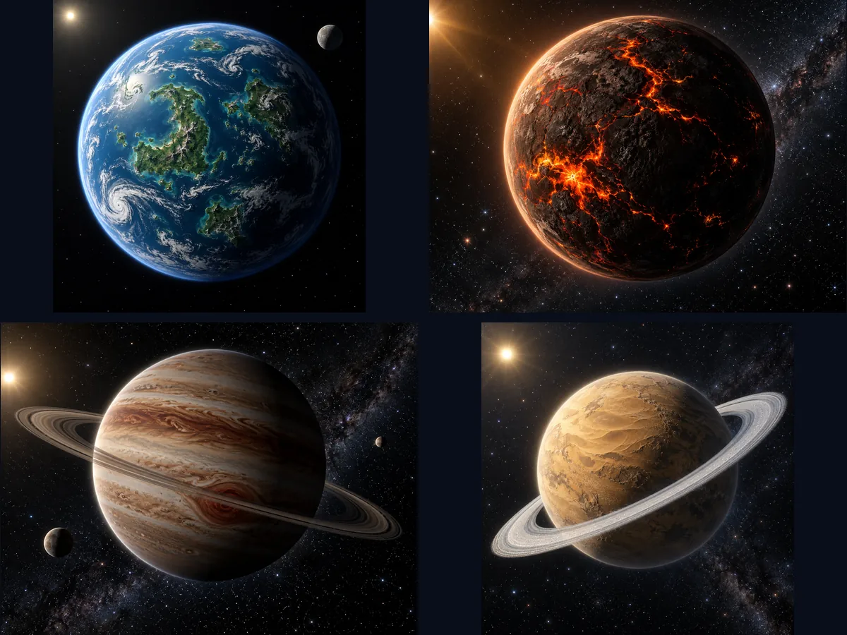 Four AI planets: an Earth-like world with a moon, a lava world, a gas giant, and a ringed desert planet