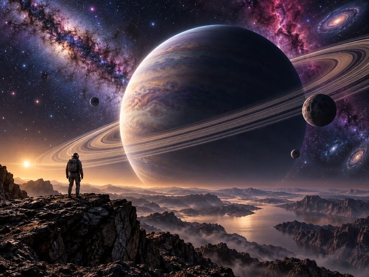 Astronaut on a rocky cliff looking at a huge ringed planet under the Milky Way