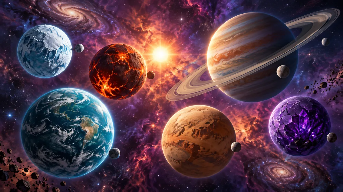 A colorful star system with several AI generated planets of different sizes in a nebula